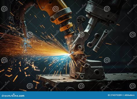 Close-up of Spot Welding Robot Arm, with Sparks Flying from the Tip ...