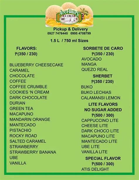 Menu At Arce Dairy Ice Cream Mandaluyong