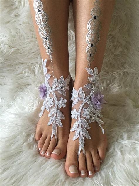 White Lilac Flowers Lace Barefoot Sandals FREE SHIP Beach Wedding