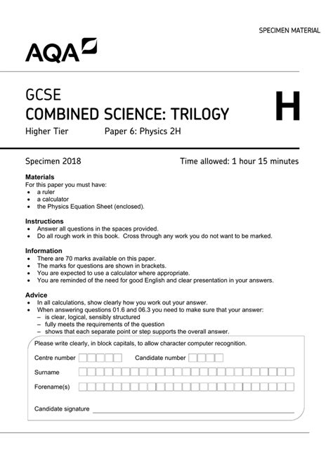 GCSE Trilogy Specimen Question Paper Paper 6