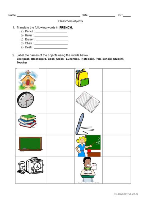 Classroom Objects Worksheets