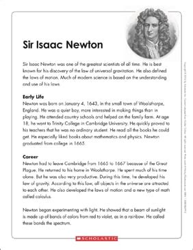 Sir Isaac Newton Differentiated Reading Comprehension Worksheets Library