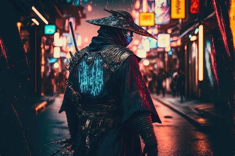 Premium Photo Samurai In Jingasa Cyberpunk Style With Blue Neon On