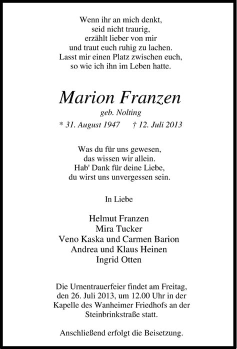 Traueranzeigen Von Marion Franzen Trauer In NRW De