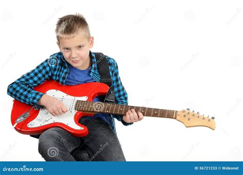 Handsome Young Boy Playing On Red Electric Guitar Stock Image Image