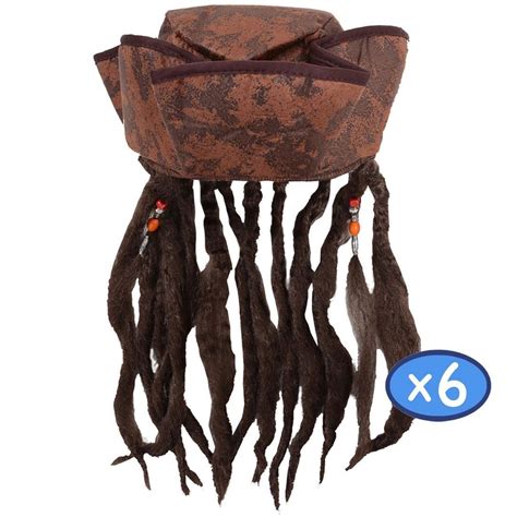 6 X Caribbean Pirate Hat Brown Hair Braids Beads Fancy Dress Wicked