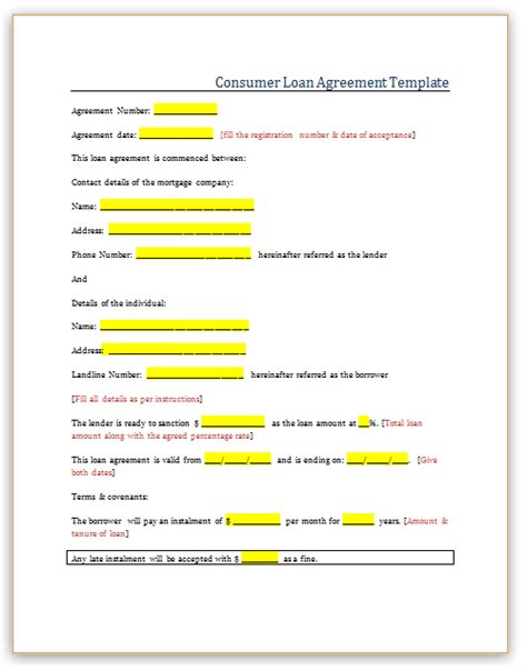 Consumer Credit Contract Templates Excel Word Template