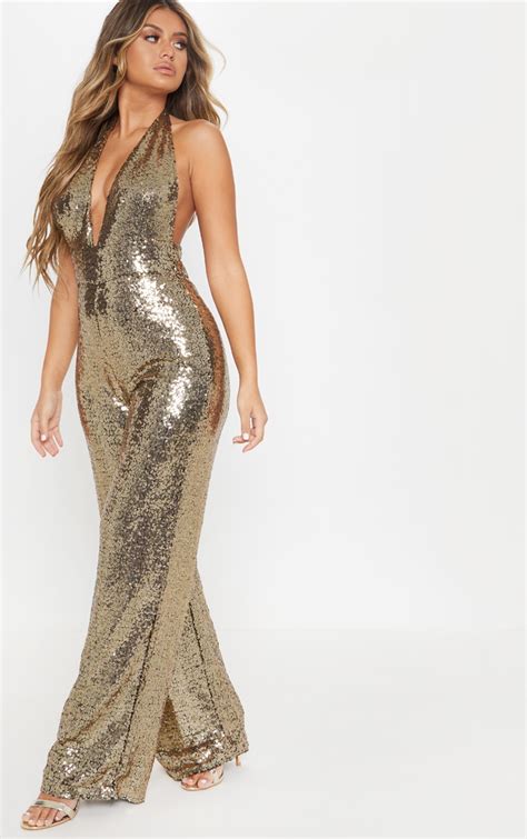 Gold Sequin Halterneck Jumpsuit Jumpsuits And Rompers