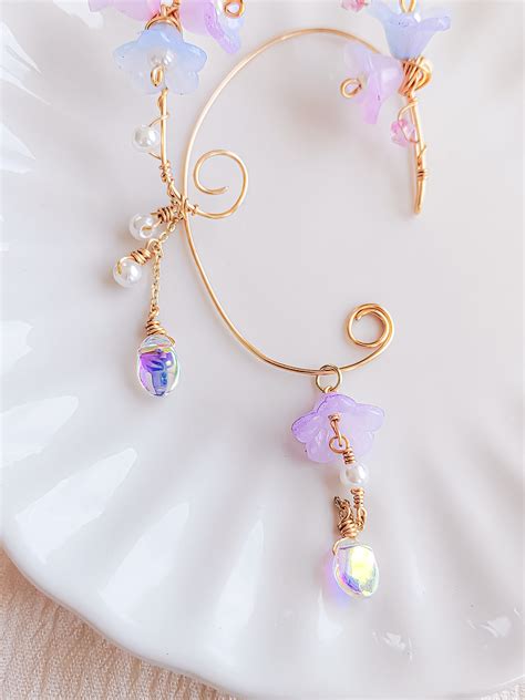 Flower Faerie Ear Cuff Wire Elf Ears Purple Gold Elf Ear Cuff Fairycore