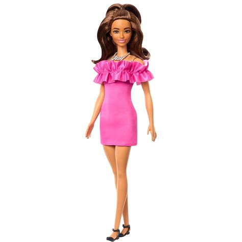 Barbie Fashionista Doll With Brown Wavy Hair And Pink Ruffle Dress