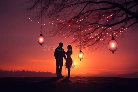 A Silhouette Of A Couple Holding Hands Standing Under A Glowing Heart