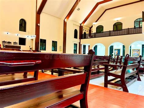 Interior Of The Church Rows Of Church Pews In An Empty Church