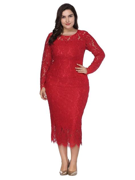 Plus Size Dress Elegant O Neck Long Sleeve Solid Color Lace Midi Dress Elegant Dresses Lace