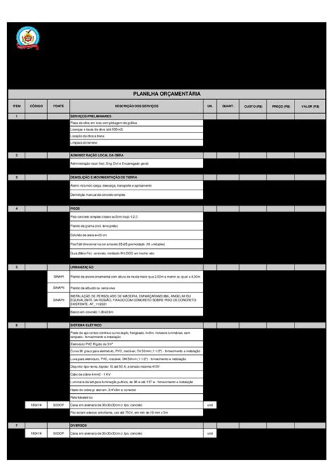 Planilha de Orçamento elaborada pela Administração PDF Prefeitura