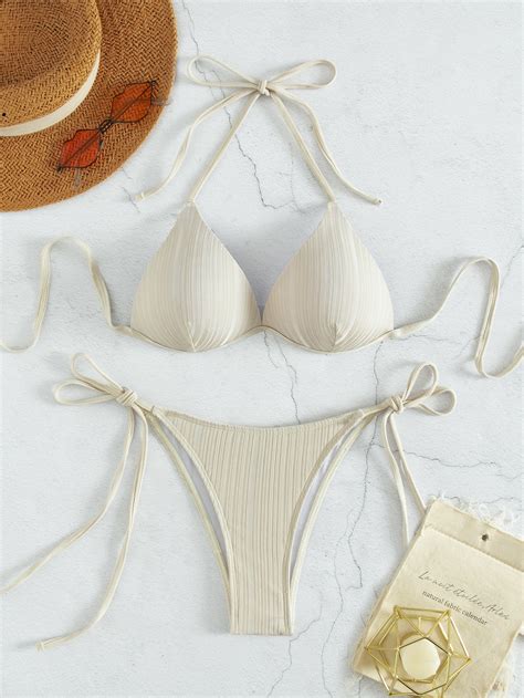 SHEIN Swim Basics Textured Halter Push Up Thong Bikini Swimsuit SHEIN