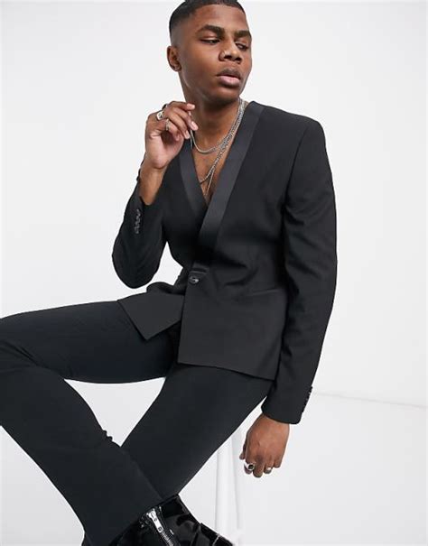 Asos Design Skinny Collarless Blazer In Black Asos