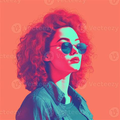 A Woman With Red Curly Hair And Sunglasses On An Orange Background