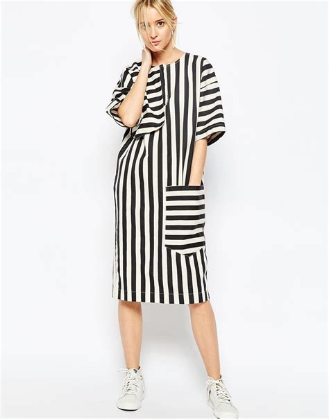 Image 4 Of Asos White Denim Midi Dress In Stripe Denim Midi Dress