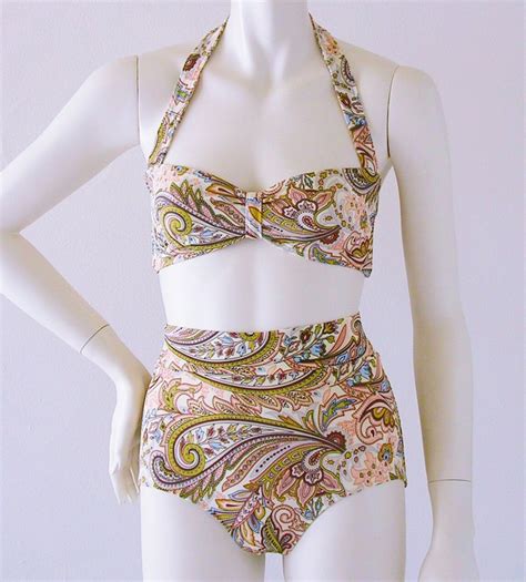 High Waisted Bikini Bottom And Retro Bandeau Top In Regency Etsy
