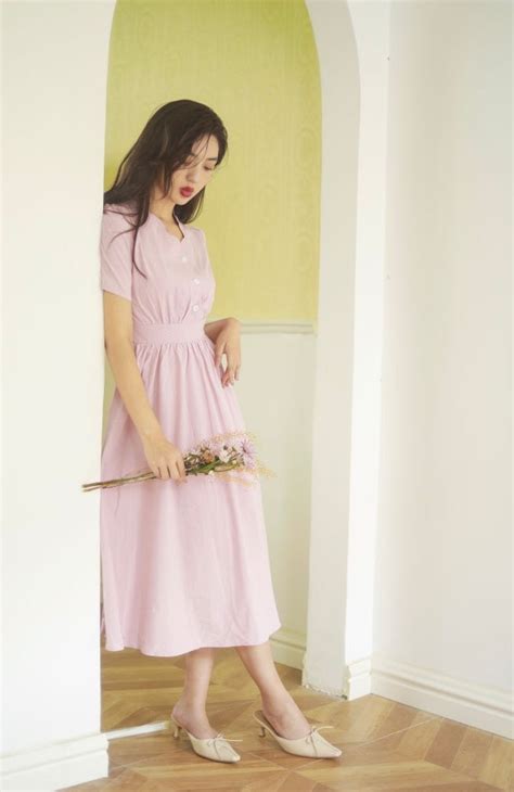 Vintage Scallop Edge Midi Dress In Pink Fancyadd