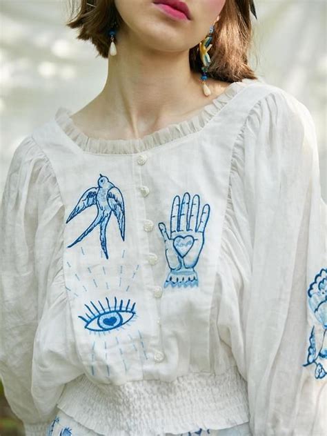 Unlogical Poem Embroidered Silk Linen Batwing Sleeve Top White