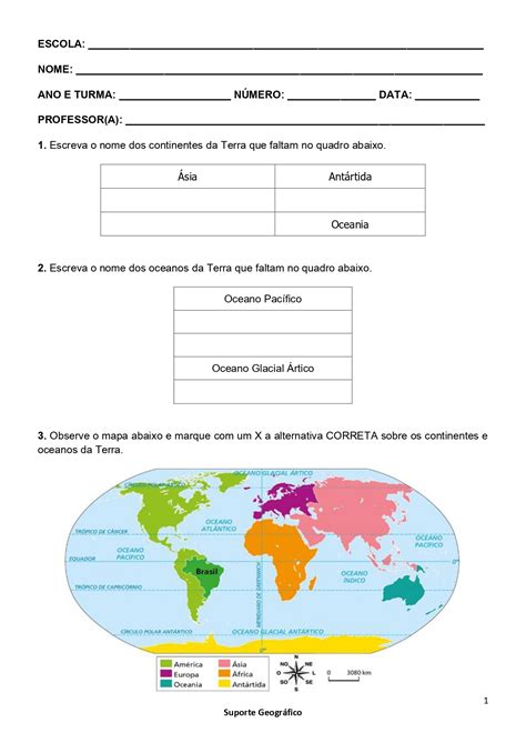 Prova Sobre Continentes Oceanos Movimentos Da Terra HemisfÉrios