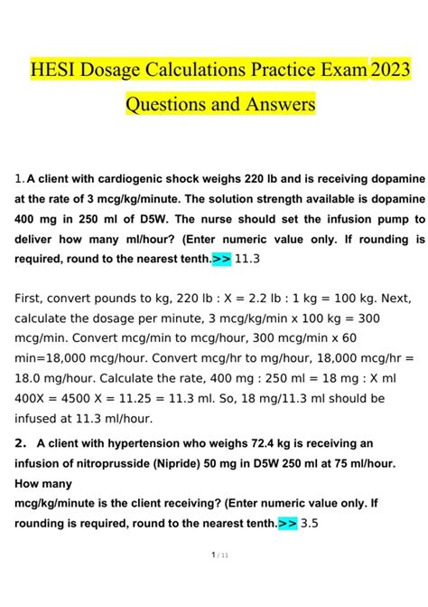 HESI Dosage Calculations Practice Exam Questions And Answers Latest