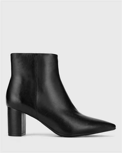 Deja Black Leather Block Heel Point Toe Ankle Boot