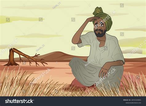 Indian Farmer Waiting For Rain Dry Land Drought Royalty Free Stock