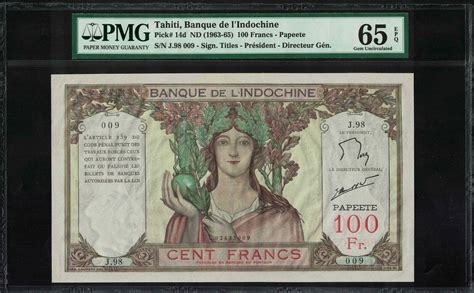 Tahiti Banque De L Indochine 100 Francs 1963 65 GEM UNC Serial Number9