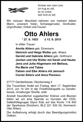 Traueranzeigen Von Annita Und Otto Ahlers Nordwest Trauer De