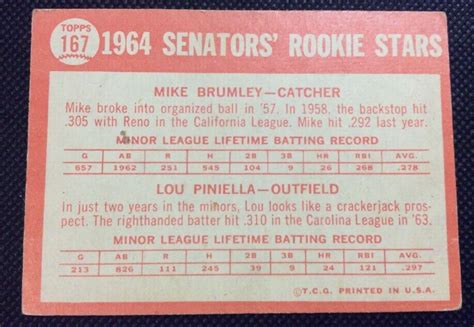 1964 Topps 167 Senators Rookie Stars W Lou Piniella Signed EBay