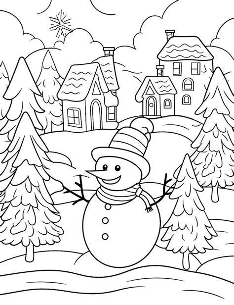 A Snowman Is Standing In The Middle Of A Snowy Landscape With Houses