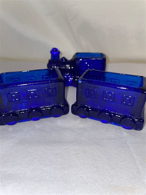 Vintage Set Of 3 Cobalt Blue Glass Train Set Etsy