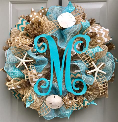 Beach Burlap Deco Mesh Wreath With Monogram Seashell Wreath