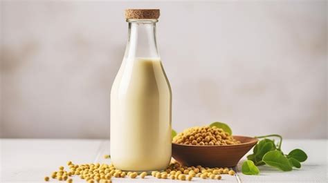 Leche De Soja En Una Botella Junto A Un Plato De Soja Foto Premium