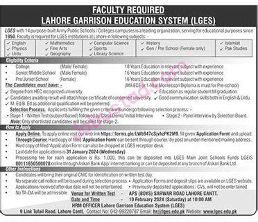 Lahore Garrison Education System Jobs January Advertisement