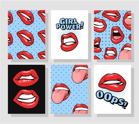 Set Of Cards With Female Lips With Gloss Red Lipstick Pop Art Style