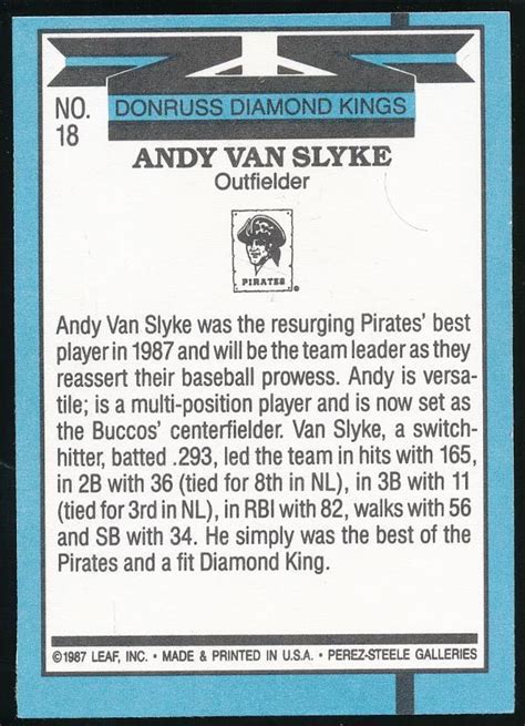 1988 Donruss Diamond Kings 18 Andy Van Slyke Pittsburgh Pirates EBay