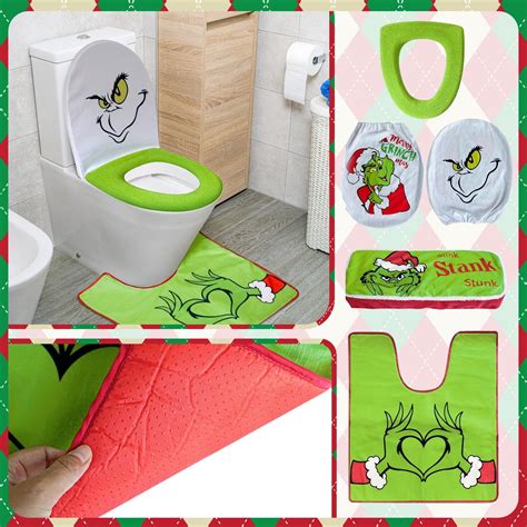 5Pcs Grinch Toilet Seat Set, Christmas Bathroom Pedestal Rug, Toilet ...