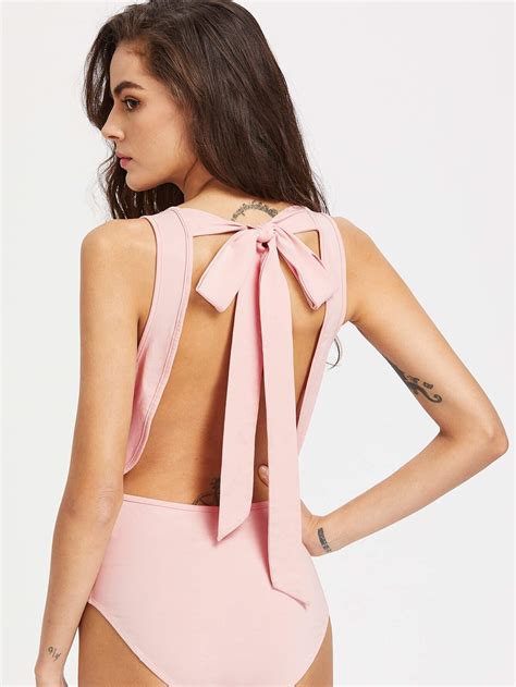 Scoop Neck Bow Tie Open Back Tank Bodysuit Shein Sheinside