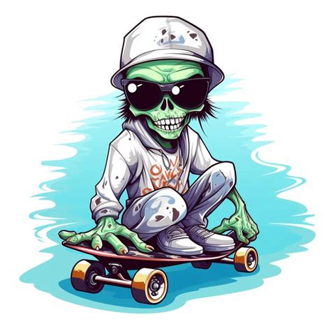 Skateboarder Zombi De Dibujos Animados Con Gafas De Sol Y Un Sombrero