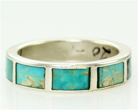 Vintage Turquoise Inlaid Sterling Silver Wedding Band Ring Size 10