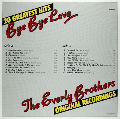 The Everly Brothers Bye Bye Love 20 Greatest Hits Bertelsmann Vinyl Collection