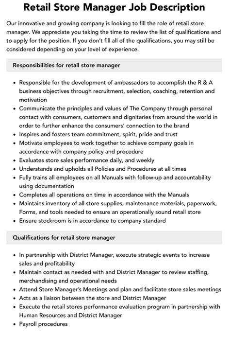 Retail Store Manager Job Description Velvet Jobs