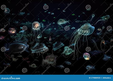 Deep-sea Creatures Swimming in Bioluminescent Waters, with Schools of ...