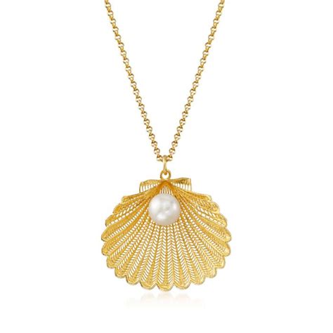 Italian 7mm Cultured Pearl Seashell Pendant Necklace In 18kt Gold Over