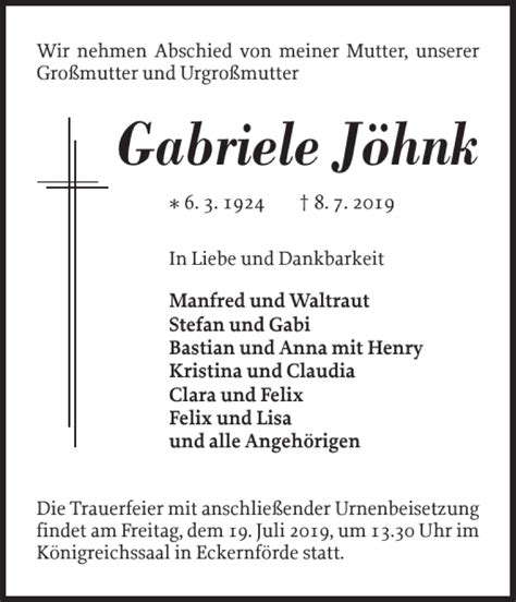 Traueranzeigen Von Gabriele J Hnk Sh Z Trauer