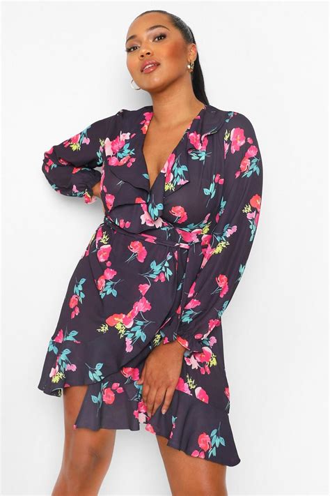 Womens Plus Floral Ruffle Detail Tea Dress Boohoo Uk