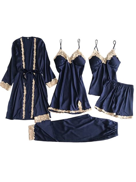 MYLookk Women Sexy Lingerie Piece Pajamas Imitation Silk Satin Sleeveless Robe Sleepwear Lace